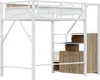 A white metal loft bed with wooden accents, featuring stairs with storage compartments. Produktbild-Vorschau