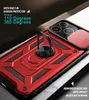 A close-up, angled view of a red and black phone case with a ring stand and camera cover. Produktbild-Vorschau