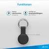 A product image showcasing a keychain holder for an Apple AirTag, with descriptive text highlighting its features. Produktbild-Vorschau