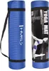 Two rolled-up blue yoga mats are shown side-by-side against a white background. The mat on the left has a black strap and the brand logo 'HMS'. The mat on the right is partially wrapped in packaging that features a woman in a yoga pose and text. Voir les images du produit