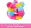 A plush rainbow-colored bear head with a small pink bear toy attached. Produktbild-Vorschau