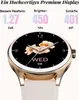 A smartwatch is shown with text overlays highlighting its display features. Produktbild-Vorschau