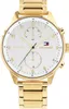 A close-up studio shot of a gold Tommy Hilfiger watch with a white face. Produktbild-Vorschau