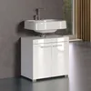 A white bathroom vanity with a sink and faucet is shown in a modern bathroom setting. Produktbild-Vorschau