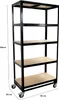 A black metal shelving unit with wooden shelves on wheels, shown against a white background with dimensions indicated. Produktbild-Vorschau