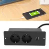 A smartphone is charging on a wooden desk next to a laptop, and a separate image shows a black power strip with two outlets and two USB ports. Produktbild-Vorschau