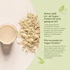 A pile of vegan protein powder next to a glass of protein shake, with marketing text on the right. Anteprima dell’immagine prodotto