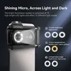 A close-up marketing image of a smartphone microscope attachment with feature callouts. Produktbild-Vorschau