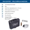 A list of items included with a tool, along with an image of the tool case and accessories. Produktbild-Vorschau