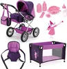 A collection of doll accessories including a stroller, carrier, crib, and feeding items, arranged on a white background. Produktbild-Vorschau