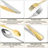 A collage of four images showcasing different features of a cutlery set, with German text descriptions. Produktbild-Vorschau