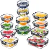 A collection of glass food storage containers filled with various fruits and vegetables, neatly stacked and arranged. Produktbild-Vorschau