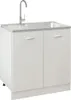 A white sink with a silver faucet and a silver drainboard is mounted on a white cabinet with two doors. Náhľad obrázku produktu