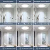 A collage of images showing a white ceiling light in different modes and timer settings within a hallway setting. Produktbild-Vorschau