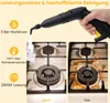 A hand holding a steam cleaner over a dirty stovetop, showing a before and after comparison. Produktbild-Vorschau