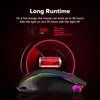 A gaming mouse with RGB lighting is shown with marketing text about its long runtime. Produktbild-Vorschau