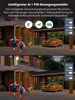 Two images showing a security camera's AI detection capabilities. The top image shows detection of people, a dog, and a car. The bottom image shows the dog being ignored while people and the car are detected, illustrating customizable detection. Anteprima dell’immagine prodotto