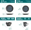 A diagram showing the dimensions of different pieces of tableware, including plates, bowls, and cups. Voir les images du produit