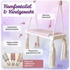 A baby swing with various features highlighted by text overlays. Podgląd zdjęcia produktu