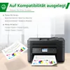 A printer is shown with printed charts, and text lists compatible printer series. Produktbild-Vorschau