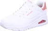 A white Skechers Uno sneaker with pink accents is shown from the side against a white background. Produktbild-Vorschau