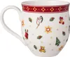 A white ceramic mug with a festive Christmas design, featuring various holiday-themed illustrations like Santa Claus, Christmas trees, and toys. The mug has a red and gold decorative band around the rim. Produktbild-Vorschau