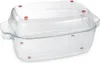 A clear glass roasting pan with a glass lid, shown from a slightly elevated side angle on a white background. Voir les images du produit