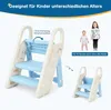 A collage showing a child's step stool with different configurations and sizes, with children of different ages depicted for scale. Produktbild-Vorschau