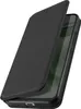 A black flip case for a smartphone, shown at an angle with the cover partially open. Produktbild-Vorschau