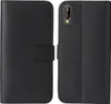 A black flip case for a smartphone is shown from the front and back. Produktbild-Vorschau
