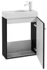 A black and white bathroom cabinet with a sink and faucet, with one door open. Produktbild-Vorschau