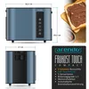 A collage showing a blue toaster from different angles, a close-up of its control panel, and a slice of toast with spread. Voir les images du produit