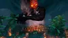 A fiery, demonic entity looms over a burning temple complex with palm trees in the foreground. Produktbild-Vorschau