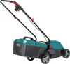 A teal and black electric lawnmower is shown against a white background. Náhled obrázku produktu