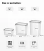 Product image showing different sizes of food storage containers with dimensions and feature icons. Anteprima dell’immagine prodotto