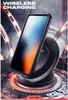 A smartphone case is shown on a wireless charging pad with a futuristic, industrial background. Produktbild-Vorschau