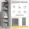 A gray corner cabinet with multiple shelves and compartments, showcasing various bathroom items and icons representing storage capabilities. Voir les images du produit