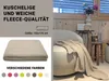 A folded blanket is shown on the left, with color swatches below. The right side shows a lifestyle shot of a blanket draped over a chair in a cozy room. Produktbild-Vorschau