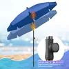 A blue beach umbrella on a sandy beach with the ocean in the background. The image highlights the adjustable height feature. Produktbild-Vorschau