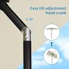 Close-up of an umbrella pole showing tilt adjustment mechanism, with inset images demonstrating the umbrella's function. Voir les images du produit