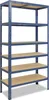 A blue metal shelving unit with wooden shelves against a white background. Podgląd zdjęcia produktu
