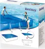The image shows the packaging of a Bestway Steel Pro frame pool cover, with two people demonstrating how to put it on a pool. Produktbild-Vorschau