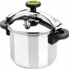 A stainless steel pressure cooker with black handles and a green and black knob on top. Anteprima dell’immagine prodotto