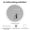 The back of a round LED mirror is shown, with accessories and text indicating what is included in the delivery. Anteprima dell’immagine prodotto