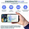 A hand holding a smartphone displaying a map and driving information, with icons and text describing the features of a dashcam. Produktbild-Vorschau
