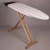 An ironing board with a striped cover is shown against a plain gray background. Produktbild-Vorschau
