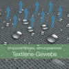 Close-up of a grey fabric with water droplets and blue arrows indicating airflow. Produktbild-Vorschau
