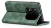A green flip case for a smartphone is shown from a side angle, with the case open to reveal the back of a smartphone with a multi-lens camera. Produktbild-Vorschau