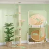 A tall cat tree is shown in a room with a green wall and a potted plant. Dimensions are indicated with text and lines. Produktbild-Vorschau
