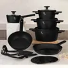 A collection of black cookware and kitchen utensils arranged on a countertop. Náhled obrázku produktu